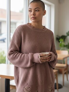 Vestige Distressed Waffle Knit Crew Sweater - tan